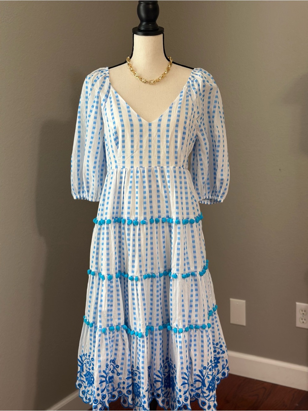 Lilly Pulitzer White and Blue Embroidered Pom-Pom Midi Dress